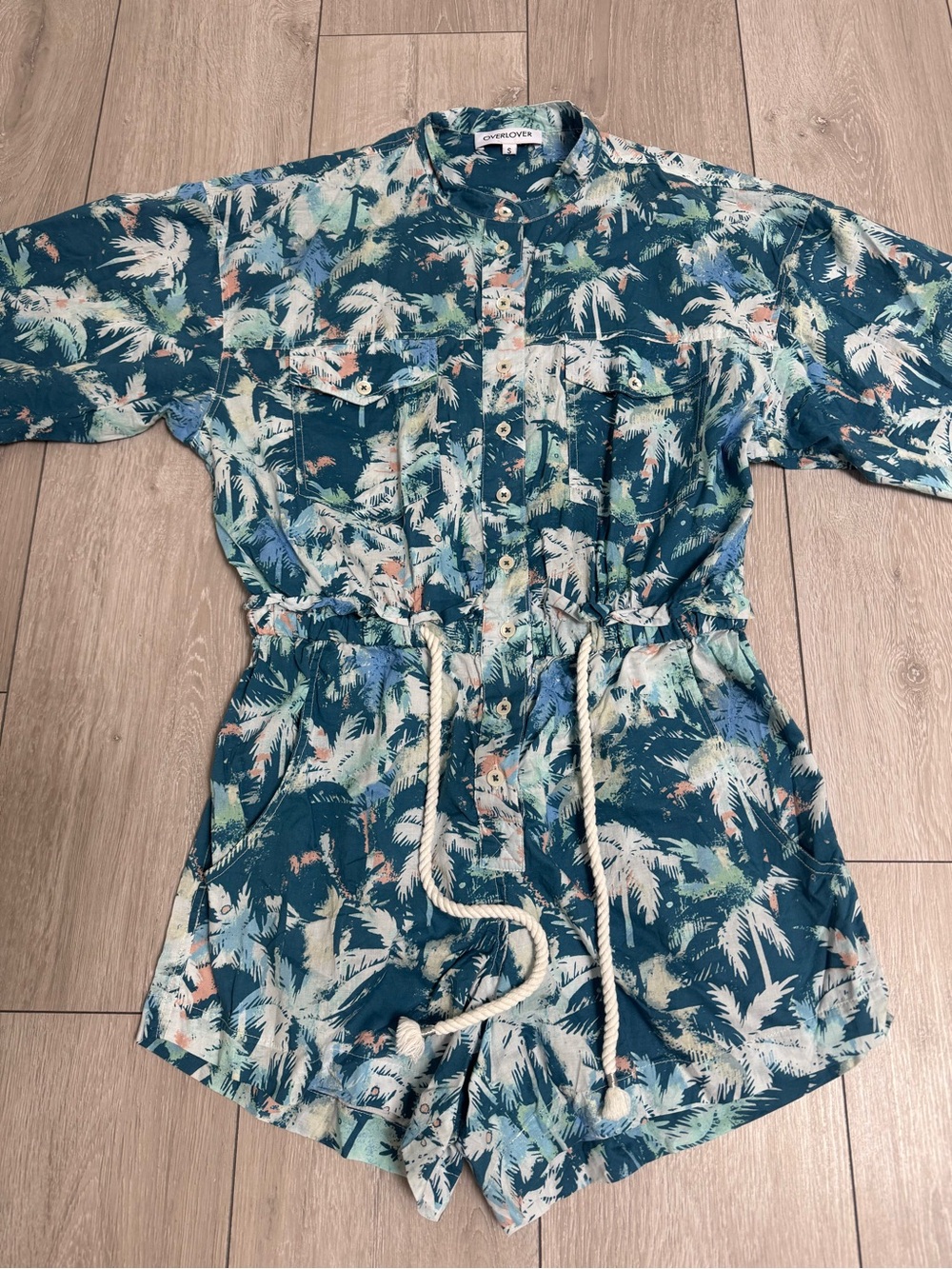 Overlover Teal Tropical Print Short Jumpsuit